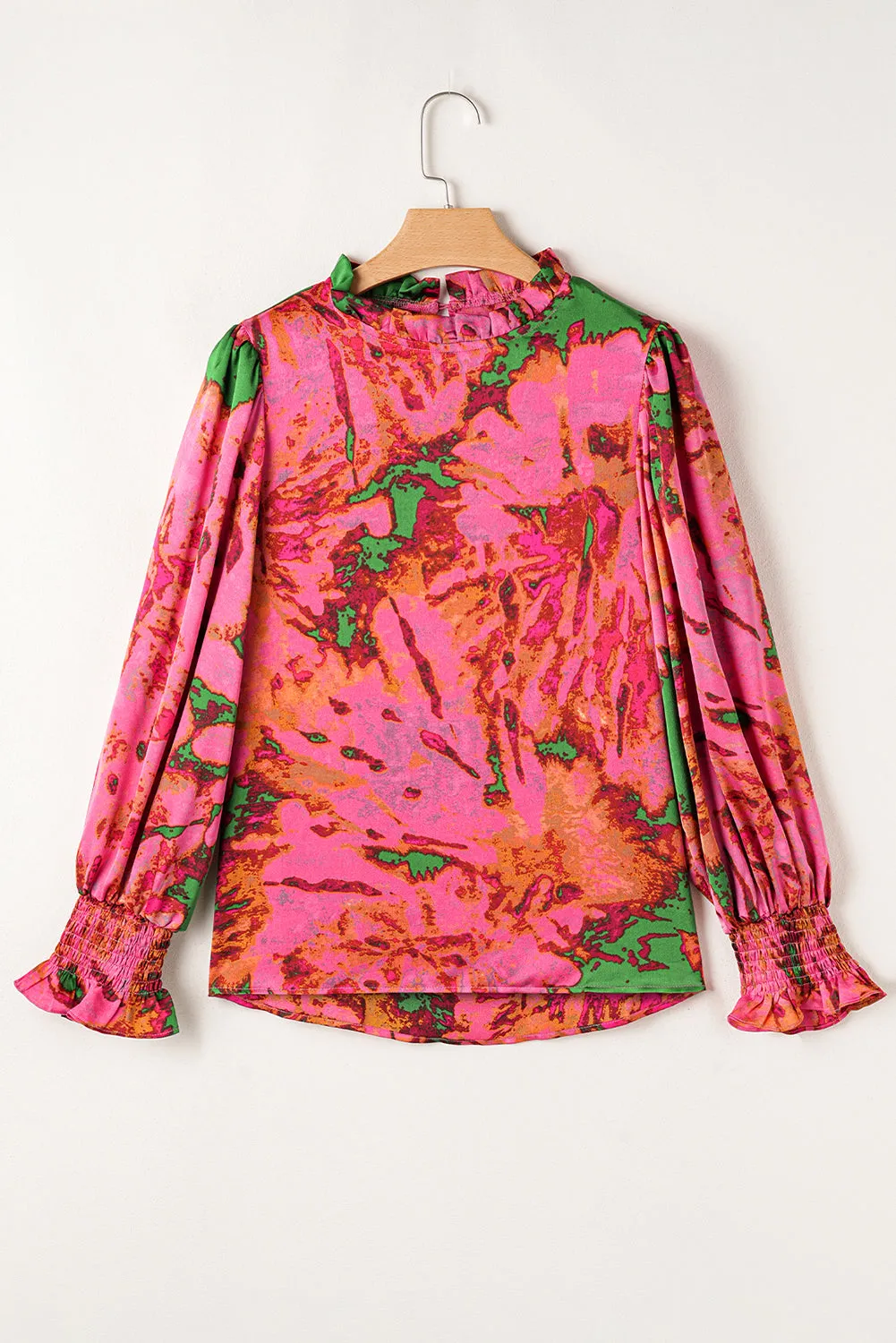 Rose Abstract Print Frill Neckline Smocked Puff Sleeve Blouse sold by Beagle Boutique product image thumbnail 4