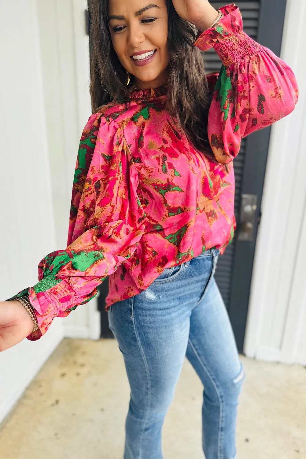 Rose Abstract Print Frill Neckline Smocked Puff Sleeve Blouse sold by Beagle Boutique product image thumbnail 2
