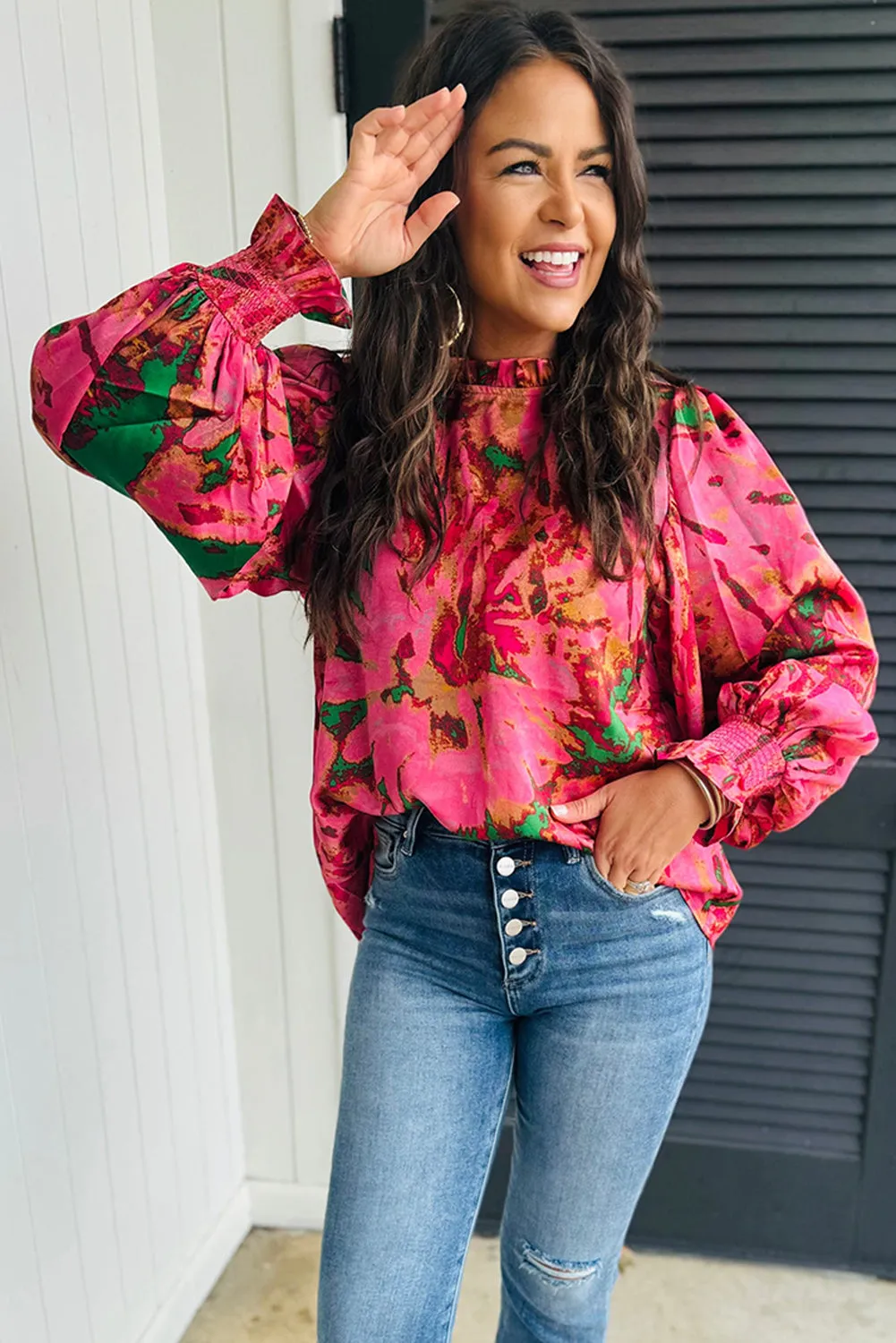 Rose Abstract Print Frill Neckline Smocked Puff Sleeve Blouse sold by Beagle Boutique product image thumbnail 3