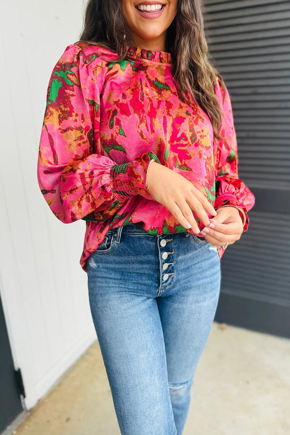Rose Abstract Print Frill Neckline Smocked Puff Sleeve Blouse sold by Beagle Boutique