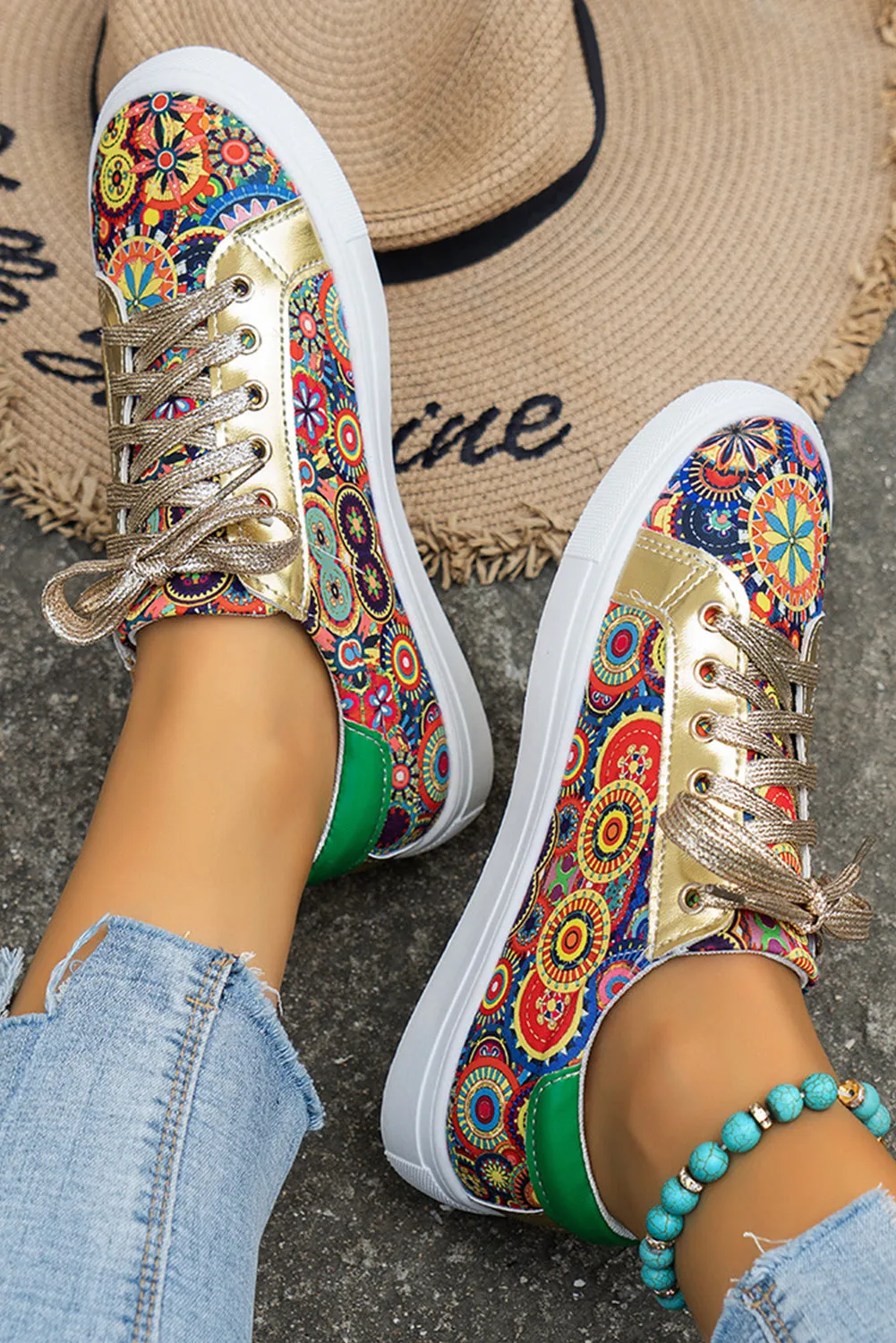 Gold Boho Geometric print Lace Up Trainers sold by Beagle Boutique product image thumbnail 4