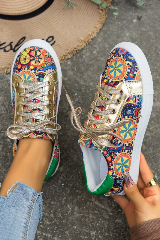 Gold Boho Geometric print Lace Up Trainers sold by Beagle Boutique