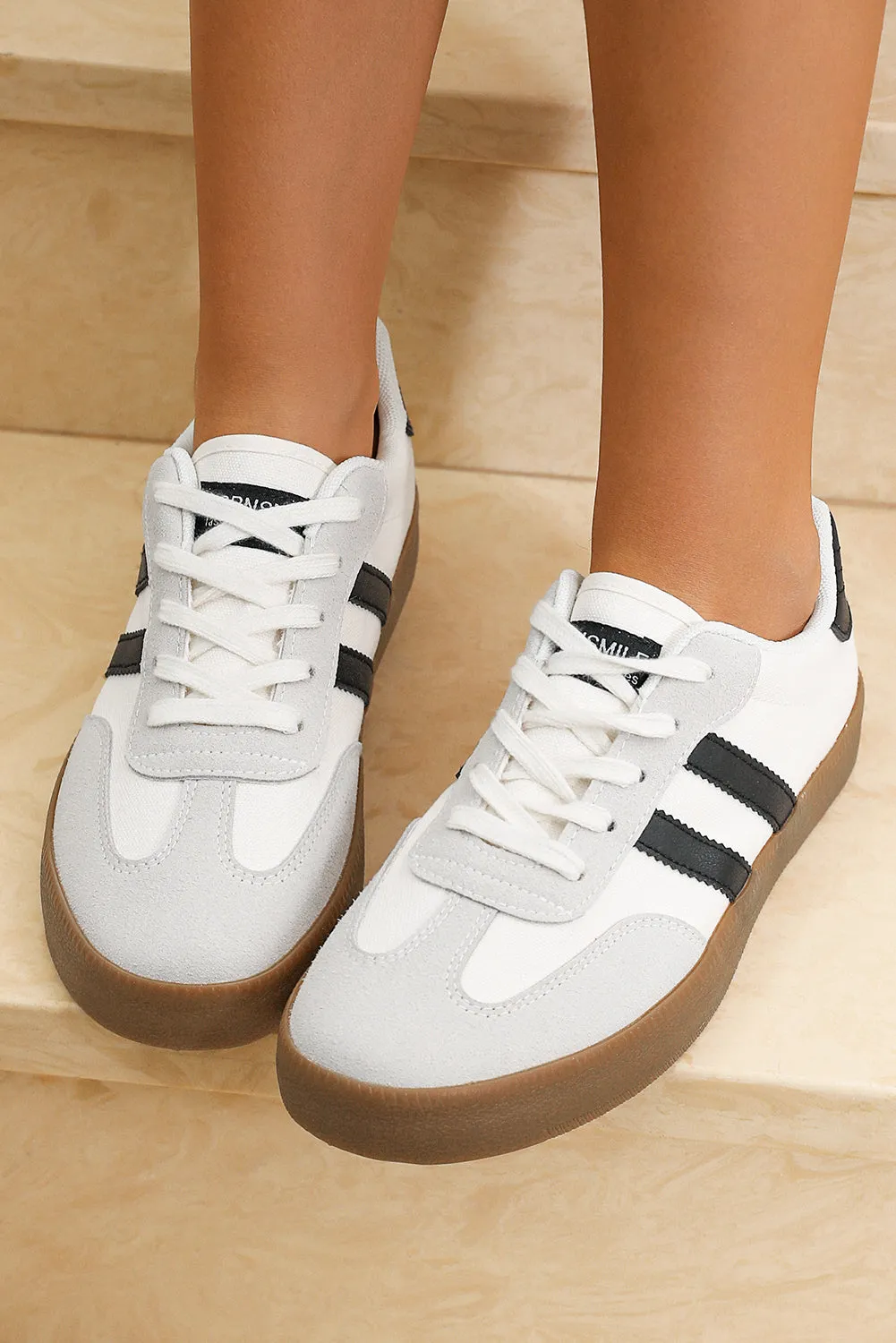 White Striped Lace Up Flat Trainers sold by Beagle Boutique product image thumbnail 5