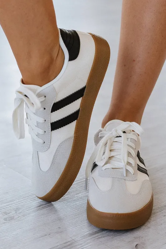 White Striped Lace Up Flat Trainers sold by Beagle Boutique