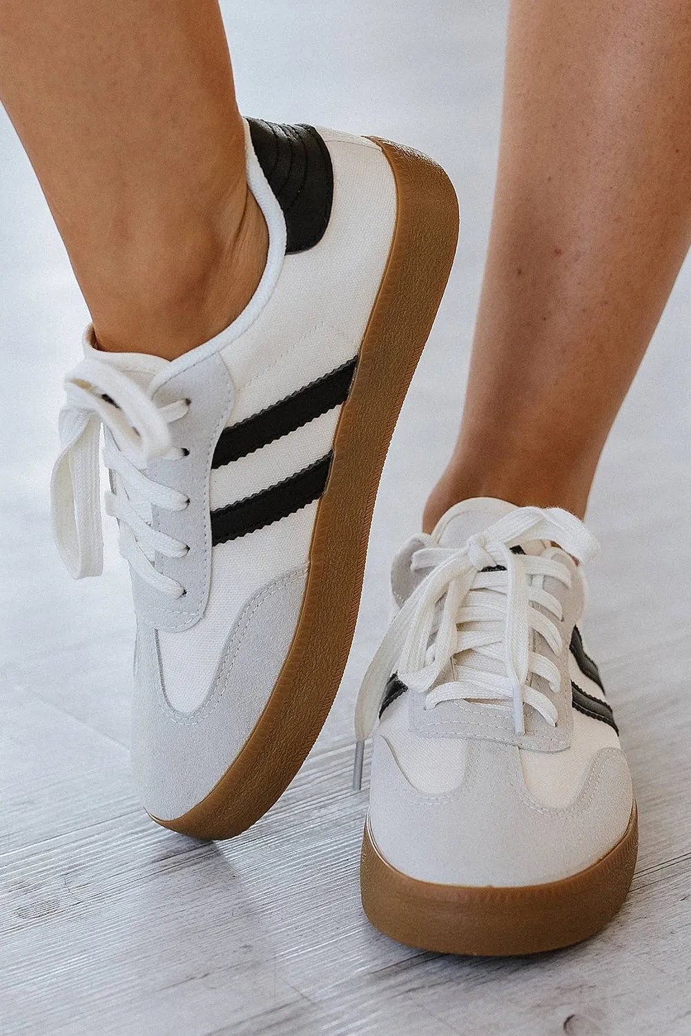 White Striped Lace Up Flat Trainers sold by Beagle Boutique