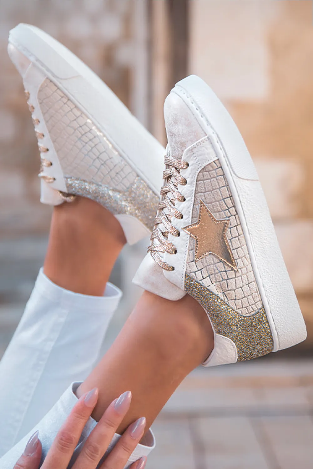Gold Glitter Star Patchwork PU Leather Lace-up Trainers sold by Beagle Boutique product image thumbnail 3