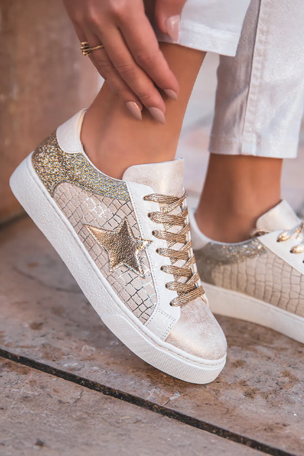 Gold Glitter Star Patchwork PU Leather Lace-up Trainers sold by Beagle Boutique product image thumbnail 2