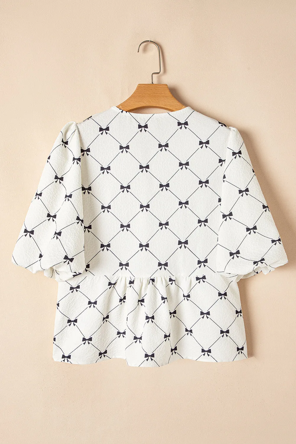 White Bowknot Print Front Knots Bubble Sleeve Blouse sold by Beagle Boutique product image thumbnail 2