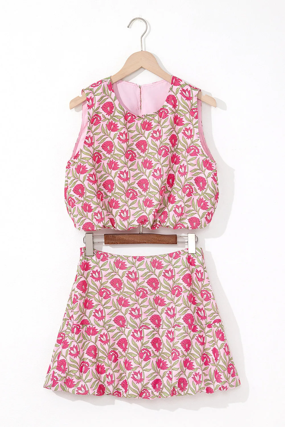 Pink Floral Print Puffy Cropped Tank and Mini Skirt Set sold by Beagle Boutique product image thumbnail 4