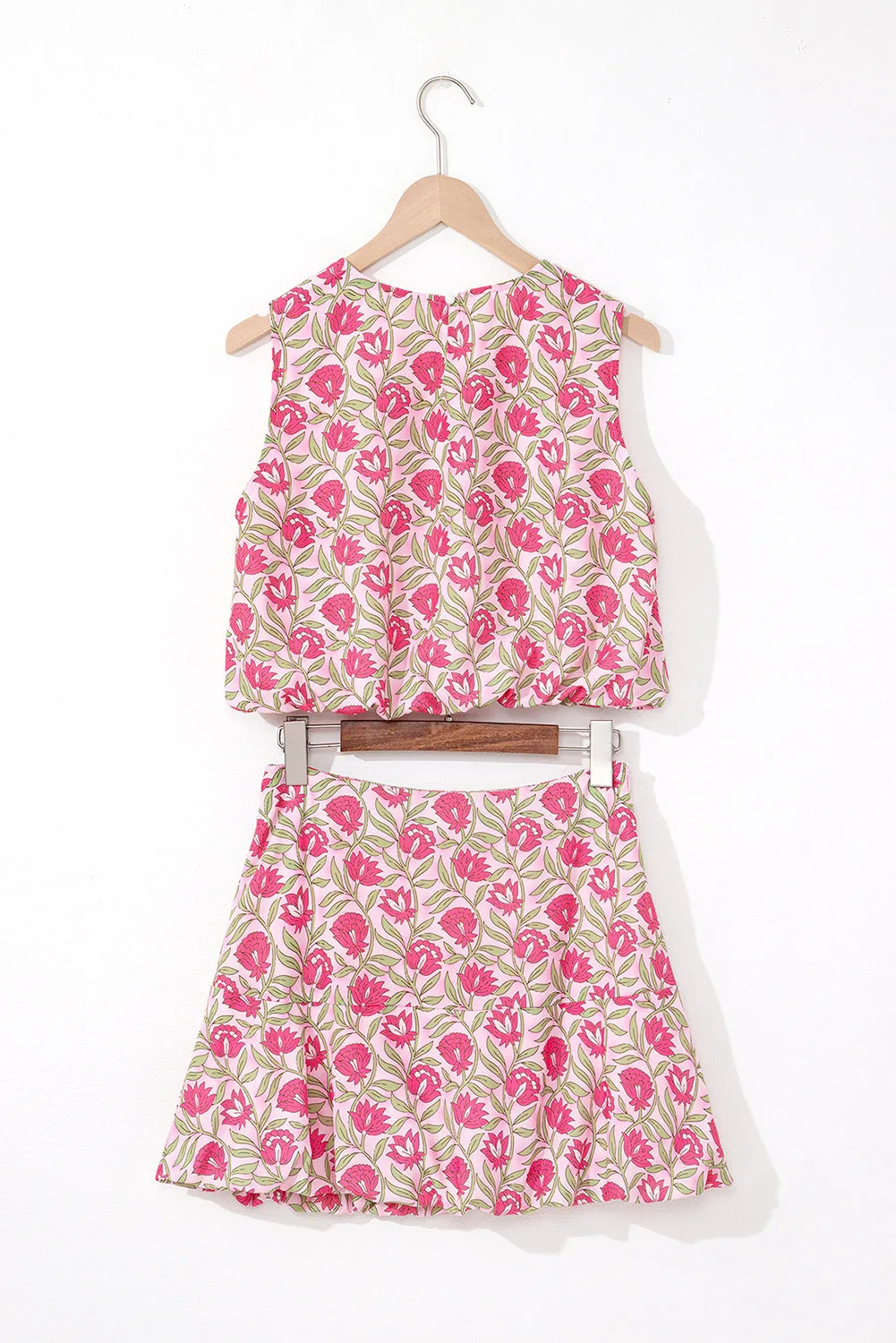 Pink Floral Print Puffy Cropped Tank and Mini Skirt Set sold by Beagle Boutique product image thumbnail 5