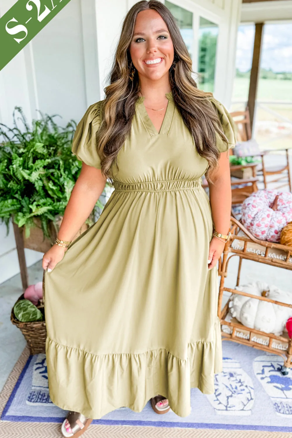 Laurel Green Notched V Neck Puff Sleeve Tiered Plus Size Maxi Dress sold by Beagle Boutique product image thumbnail 2