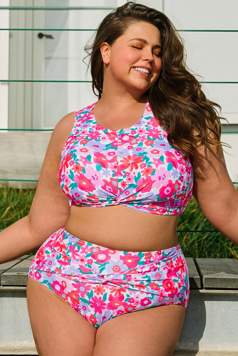 Rose Plus Size Floral Print Twisted High Waist Bikini Set sold by Beagle Boutique