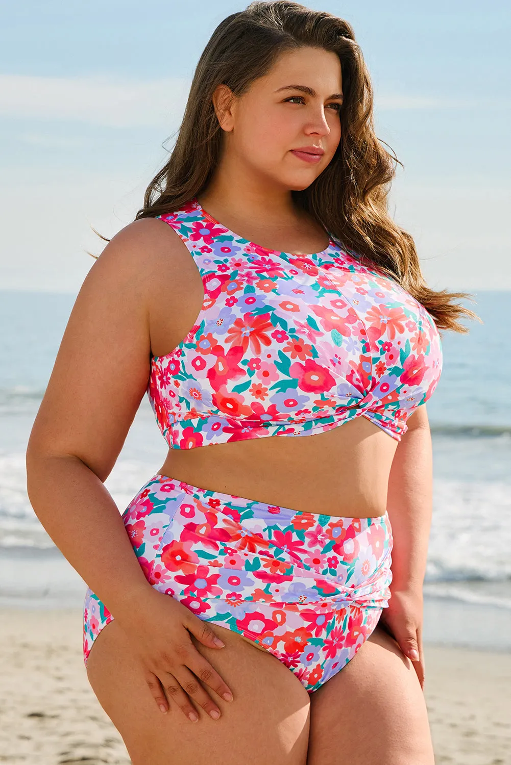 Rose Plus Size Floral Print Twisted High Waist Bikini Set sold by Beagle Boutique product image thumbnail 3