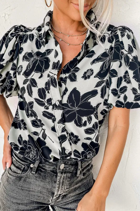 Black Floral Bubble Sleeve Casual Shirt sold by Beagle Boutique