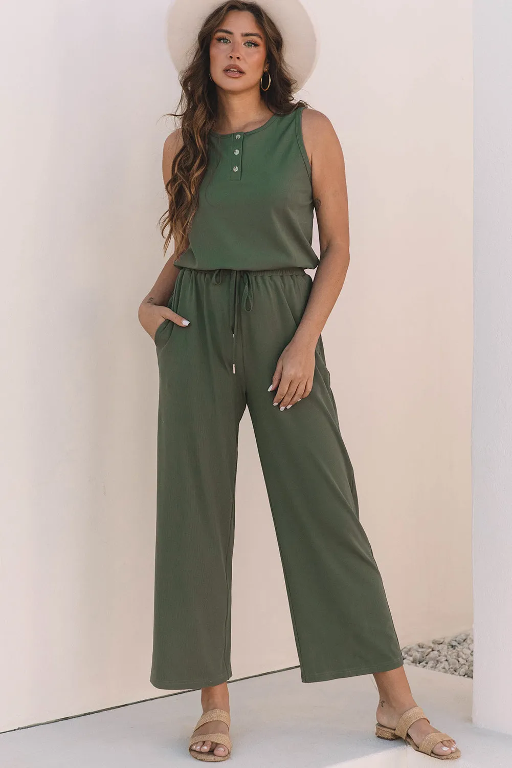 Vineyard Green Buttoned Drawstring Waist Sleeveless Wide Leg Jumpsuit sold by Beagle Boutique
