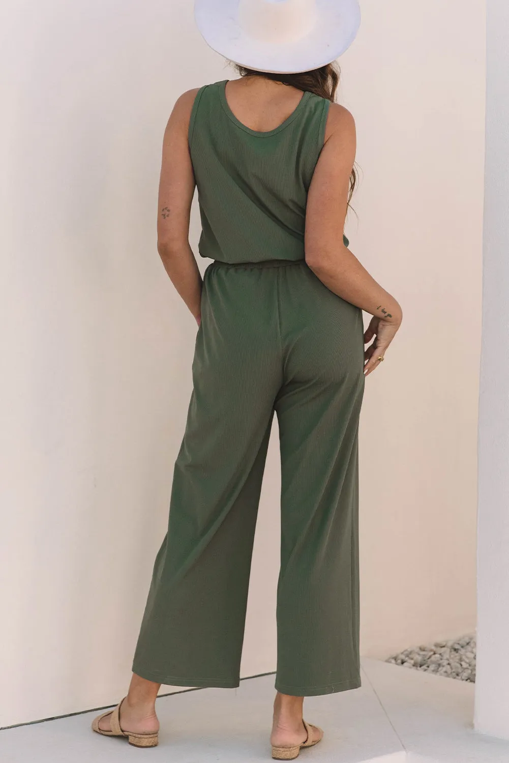 Vineyard Green Buttoned Drawstring Waist Sleeveless Wide Leg Jumpsuit sold by Beagle Boutique product image thumbnail 2