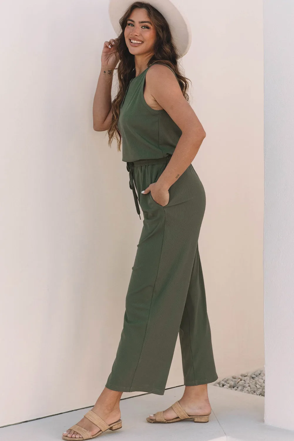 Vineyard Green Buttoned Drawstring Waist Sleeveless Wide Leg Jumpsuit sold by Beagle Boutique product image thumbnail 4