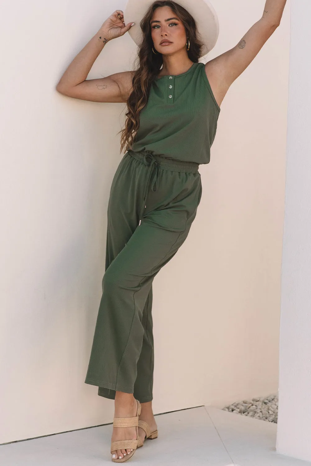 Vineyard Green Buttoned Drawstring Waist Sleeveless Wide Leg Jumpsuit sold by Beagle Boutique product image thumbnail 5