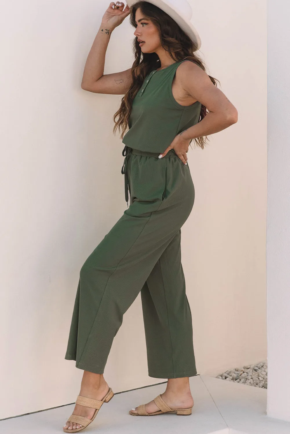 Vineyard Green Buttoned Drawstring Waist Sleeveless Wide Leg Jumpsuit sold by Beagle Boutique product image thumbnail 3