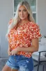 Orange Floral Print Ruffled Short Puff Sleeve Split Neck Blouse sold by Beagle Boutique