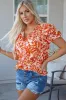 Orange Floral Print Ruffled Short Puff Sleeve Split Neck Blouse sold by Beagle Boutique
