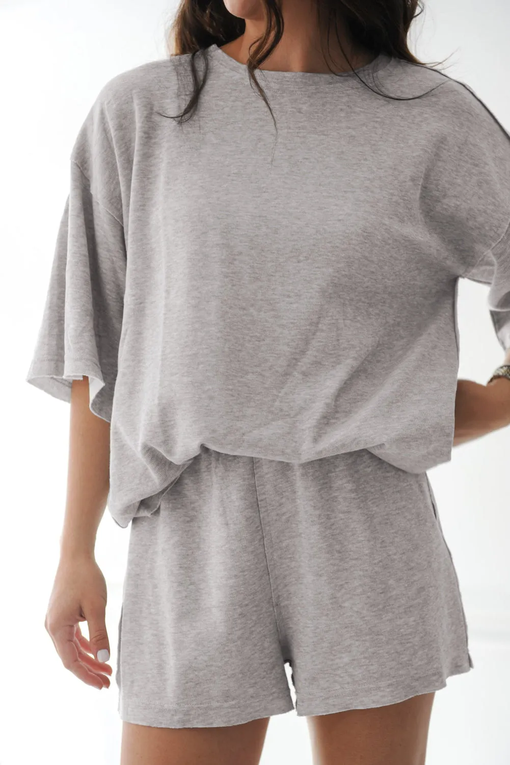 Grey Solid Colour Loose Tee 2 Piece Shorts Set sold by Beagle Boutique