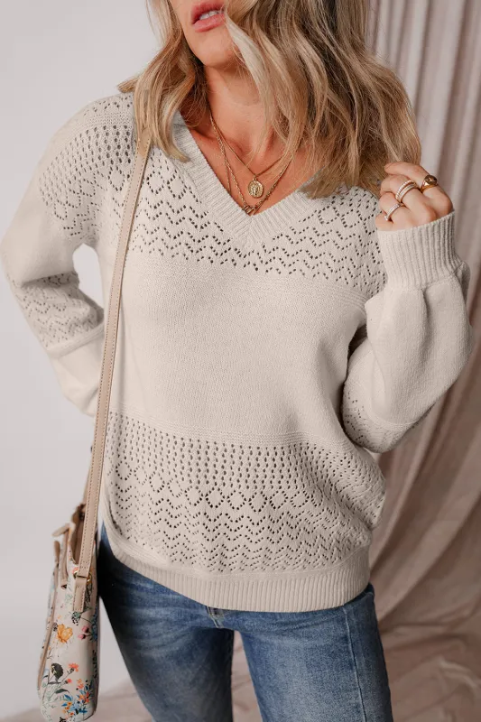 Brown Eyelet Pattern Detail V Neck Drop Shoulder Sweater sold by Beagle Boutique