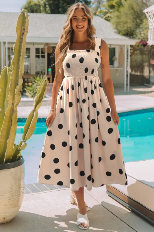 Oatmeal Polka Dot Smocked Fit Flared Sleeveless Long Dress sold by Beagle Boutique