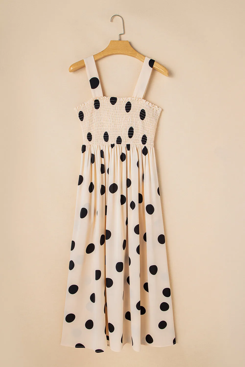 Oatmeal Polka Dot Smocked Fit Flared Sleeveless Long Dress sold by Beagle Boutique product image thumbnail 3