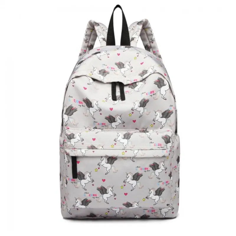 E1401 UN - Miss Lulu Large Backpack Unicorn Print - Grey sold by Beagle Boutique