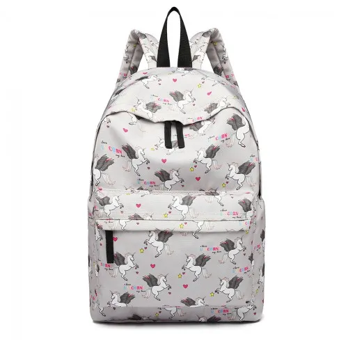 E1401 UN - Miss Lulu Large Backpack Unicorn Print - Grey sold by Beagle Boutique