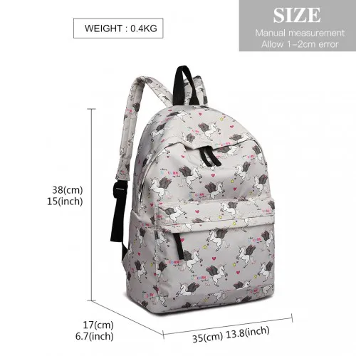 E1401 UN - Miss Lulu Large Backpack Unicorn Print - Grey sold by Beagle Boutique product image thumbnail 4