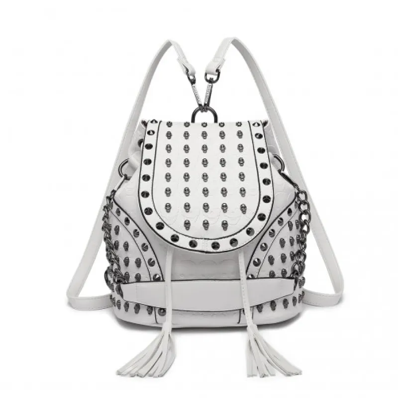 L1414 - Miss Lulu Skull Studded Backpack Shoulder Bag - Beige sold by Beagle Boutique