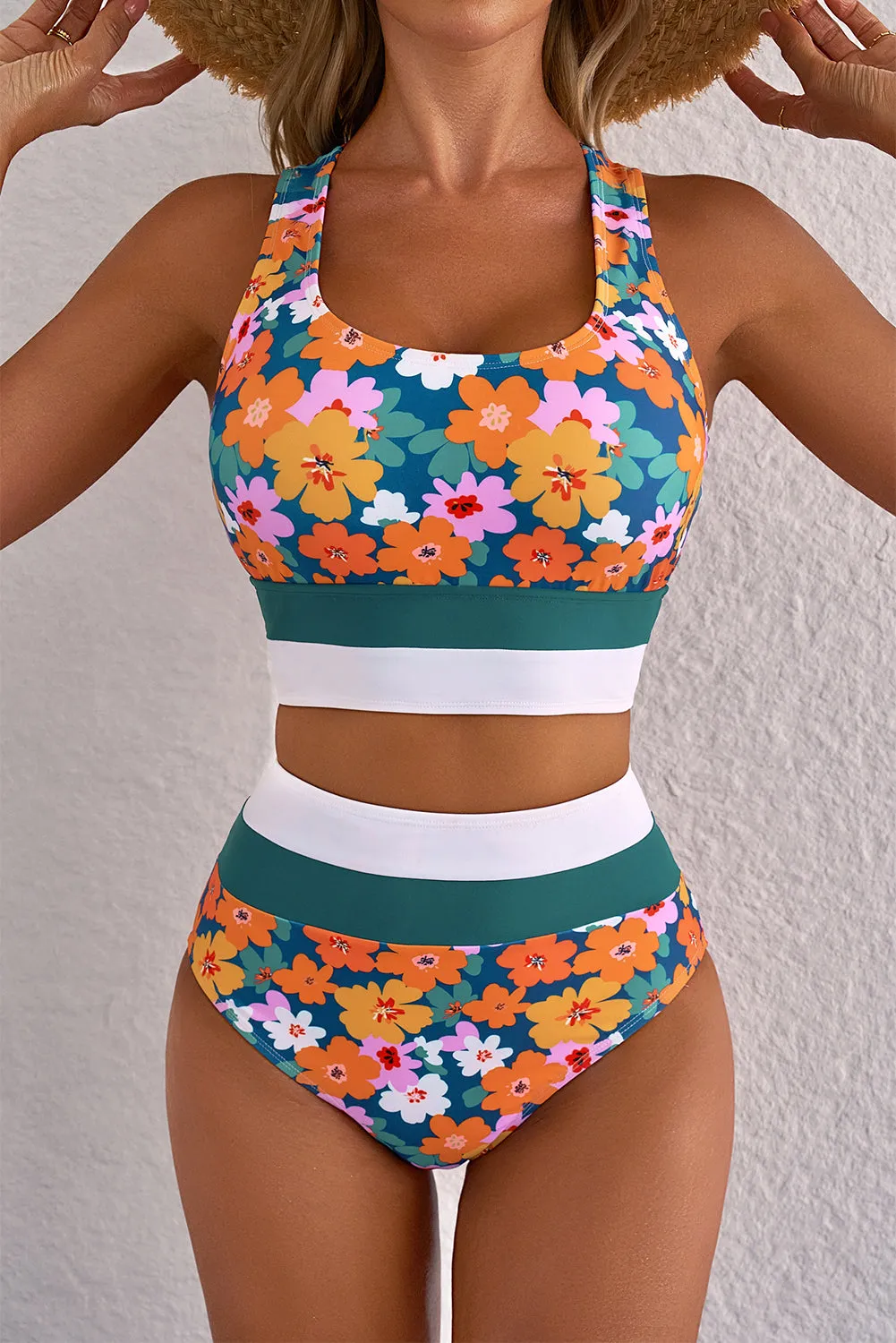 Green Floral Print Racerback Cutout High Waist 2pcs Bikini sold by Beagle Boutique