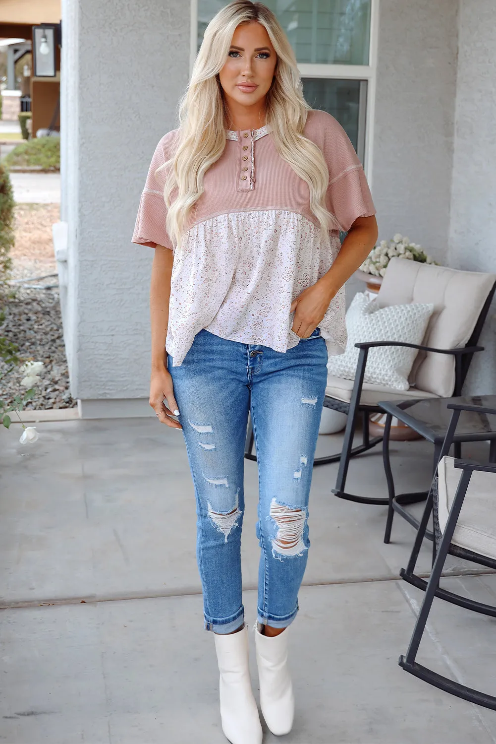 Pink Waffle Floral Patchwork Exposed Seam Detail Short Sleeve Top sold by Beagle Boutique product image thumbnail 5