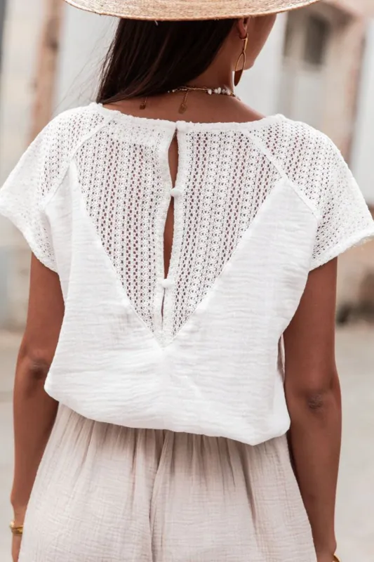 White Lace Crochet Textured Button Back V Neck T Shirt sold by Beagle Boutique
