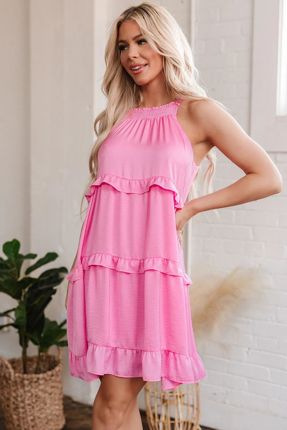 Pink Smocked Neck Knot Back Frilly Tiered Sleeveless Mini Dress sold by Beagle Boutique product image thumbnail 5
