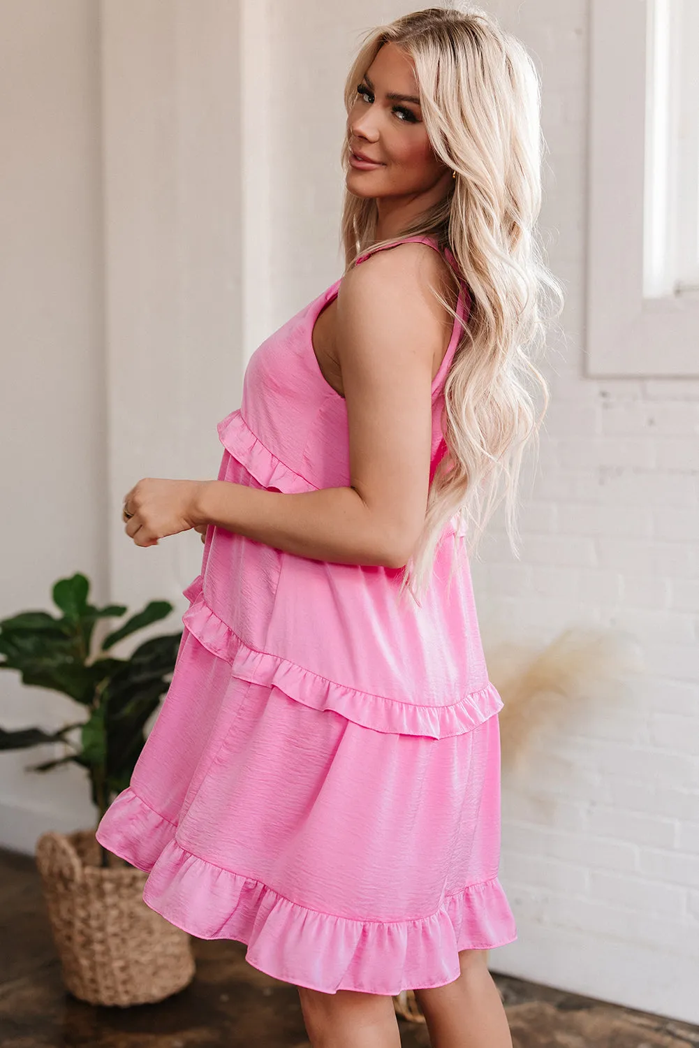 Pink Smocked Neck Knot Back Frilly Tiered Sleeveless Mini Dress sold by Beagle Boutique product image thumbnail 4