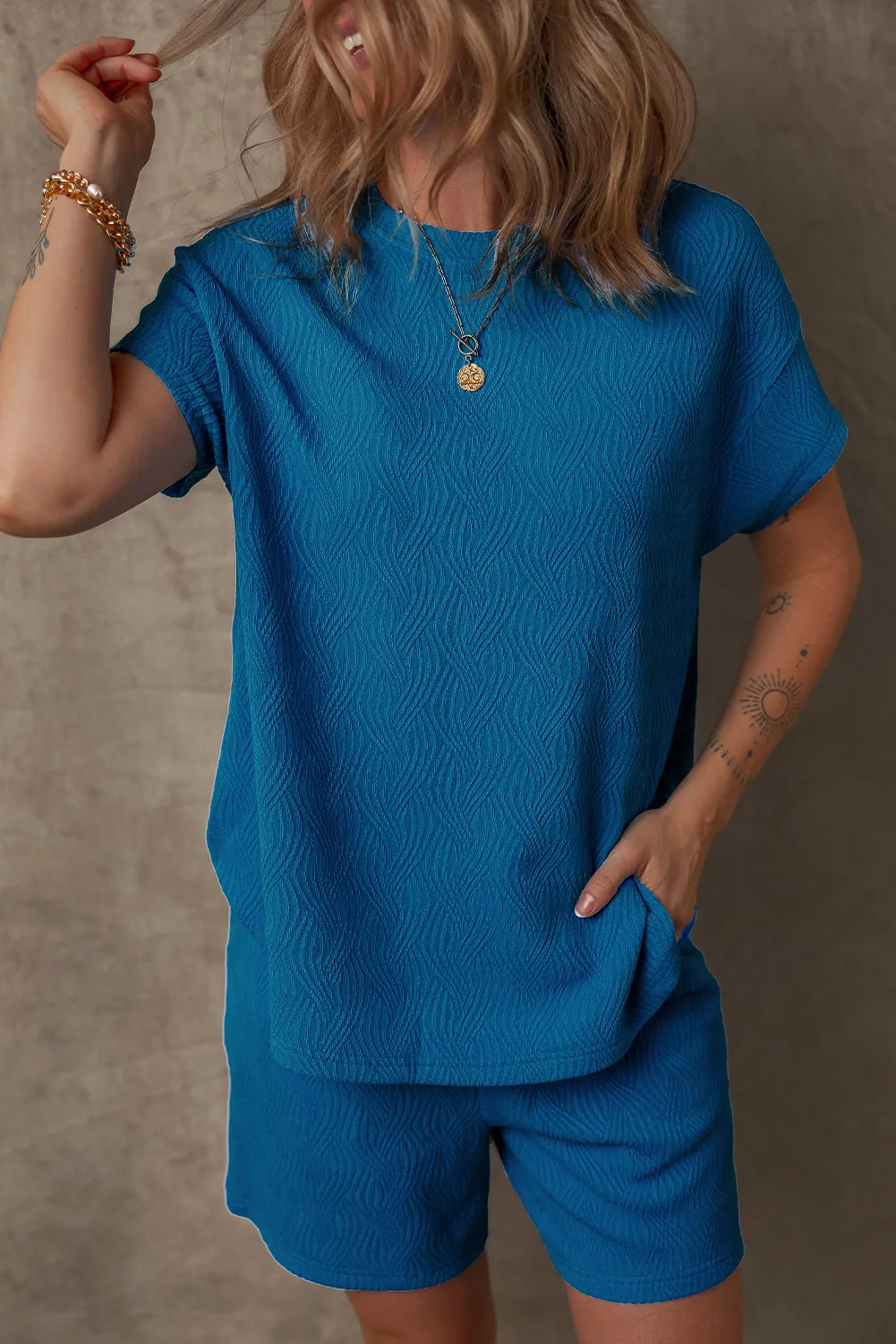 Bluing Solid Textured Crew Neck Short Set Co-ord sold by Beagle Boutique product image thumbnail 4