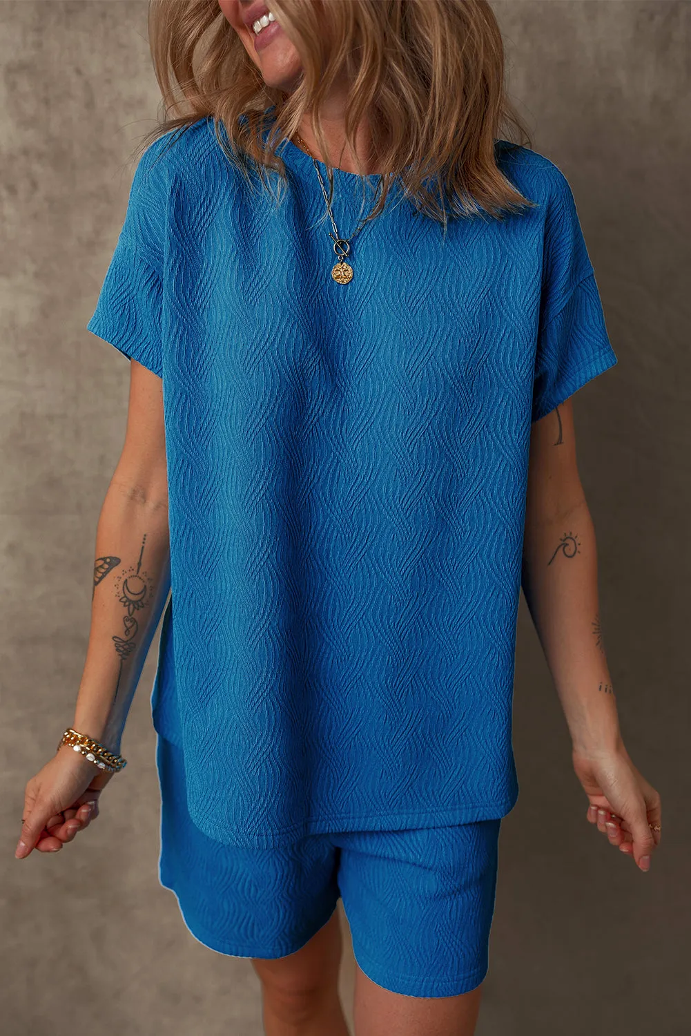 Bluing Solid Textured Crew Neck Short Set Co-ord sold by Beagle Boutique product image thumbnail 3