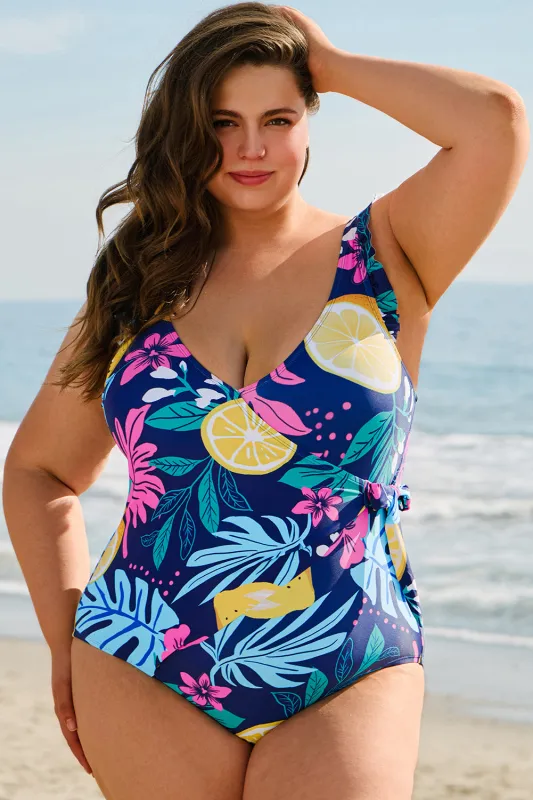 Blue Plus Size Printed V Neck Wrap Knot Ruffled One Piece Swimwear made by Beagle Boutique