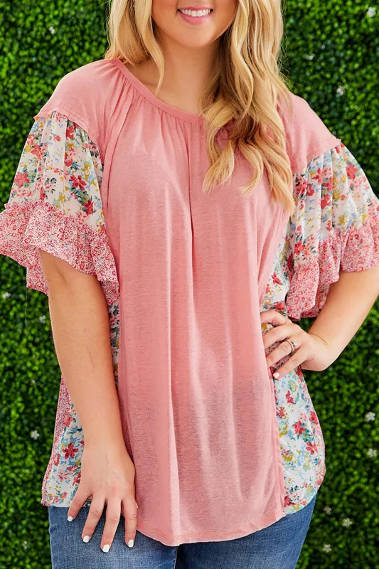 Pink Plus Size Floral Patchwork Ruffled Short Sleeve Blouse sold by Beagle Boutique