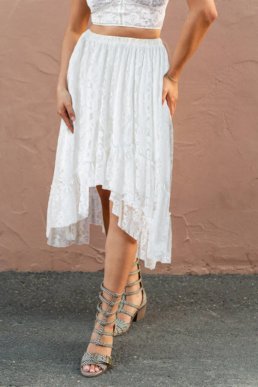 White Lace Ruffled High-low Hem Midi Skirt sold by Beagle Boutique
