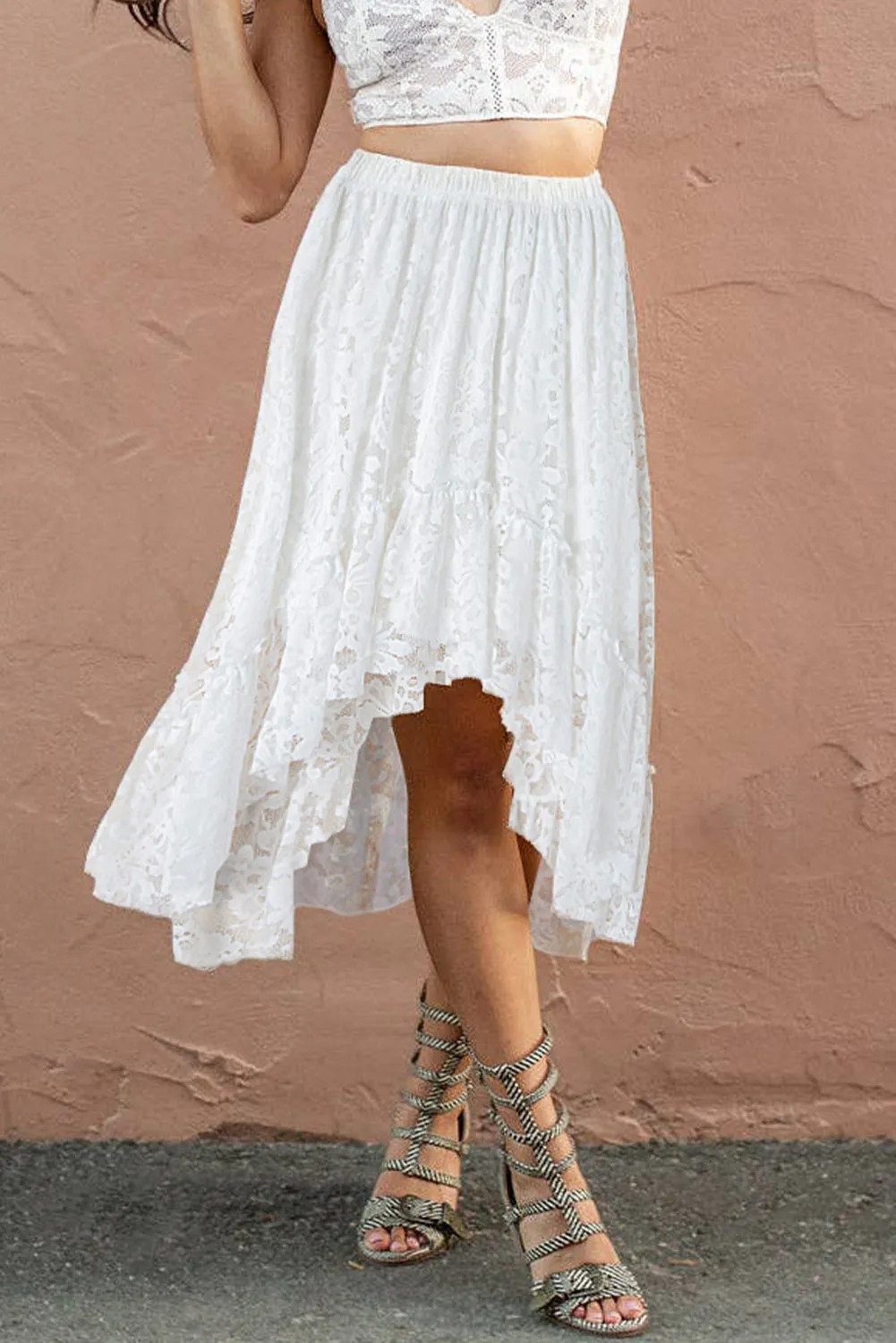 White Lace Ruffled High-low Hem Midi Skirt sold by Beagle Boutique product image thumbnail 2