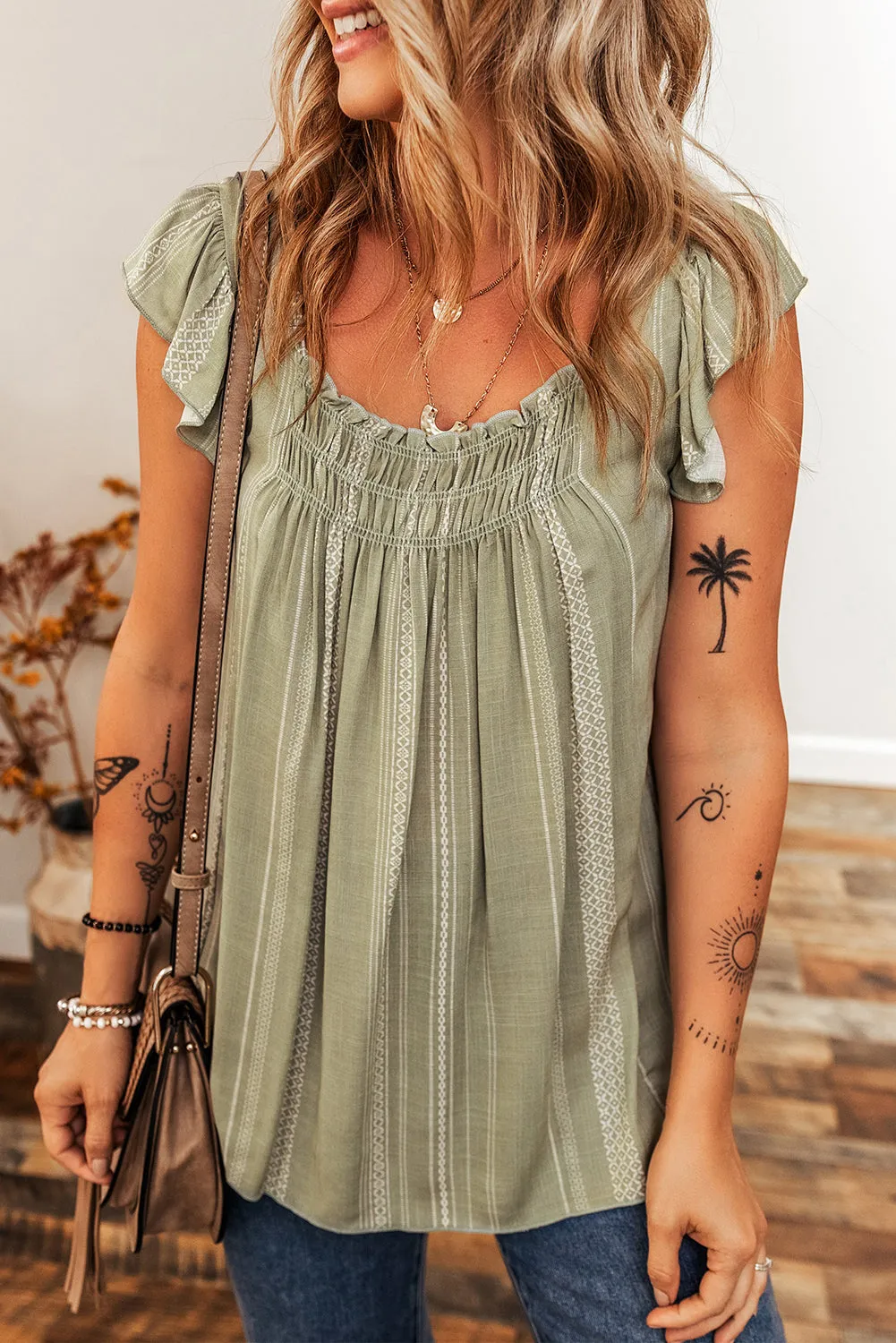 Laurel Green Stripes Ruffled Sleeve Shirred Round Neck Loose Fit Tank Top sold by Beagle Boutique product image thumbnail 5