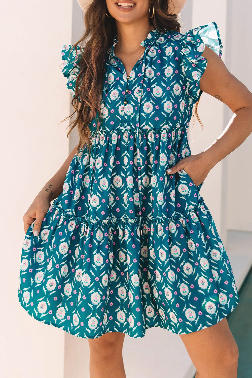 Blue Retro Floral Print Split Neck Ruffle Short Sleeve Dress sold by Beagle Boutique product image thumbnail 5