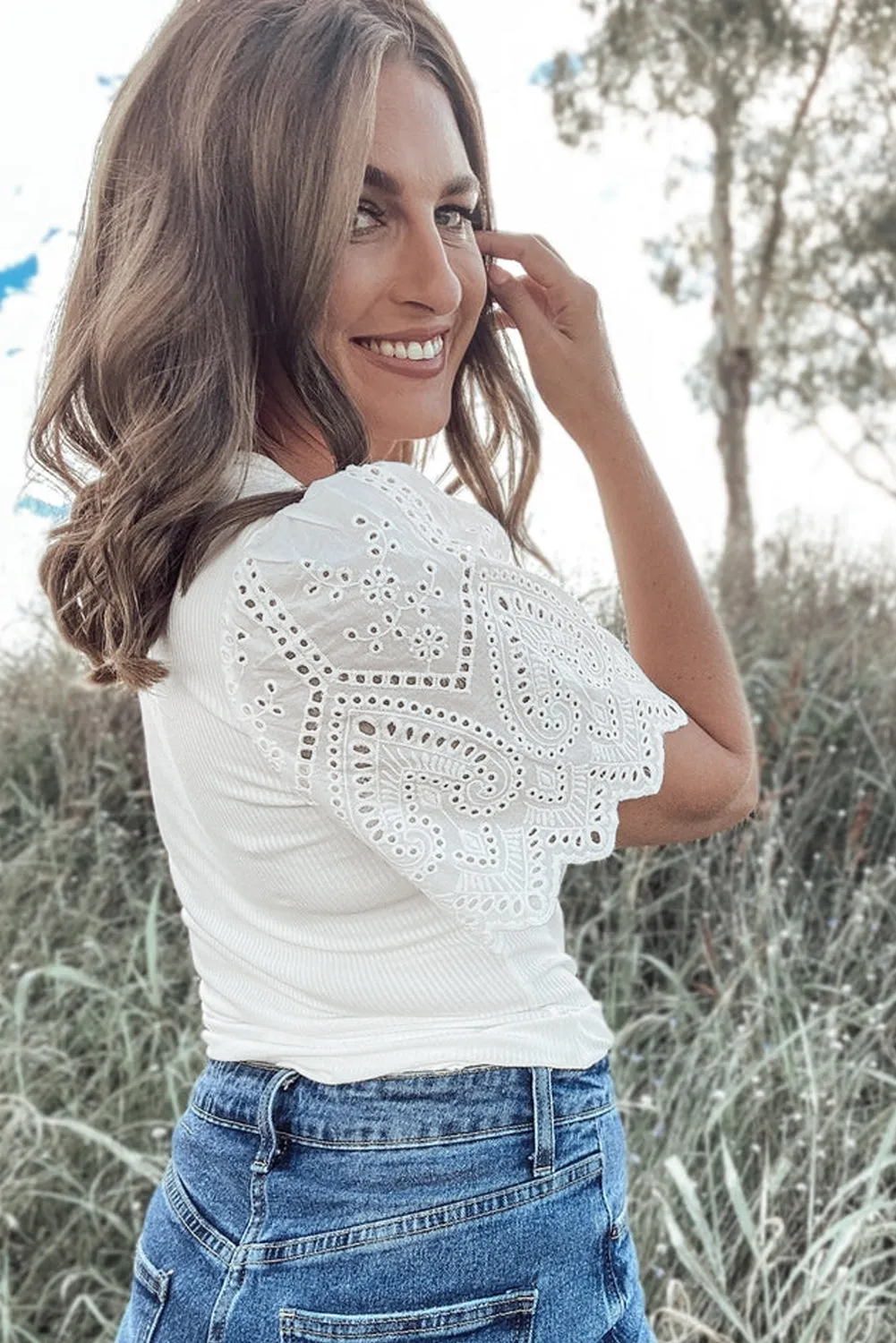 White Eyelet Pattern Short Sleeve Patchwork Ribbed Top sold by Beagle Boutique product image thumbnail 2