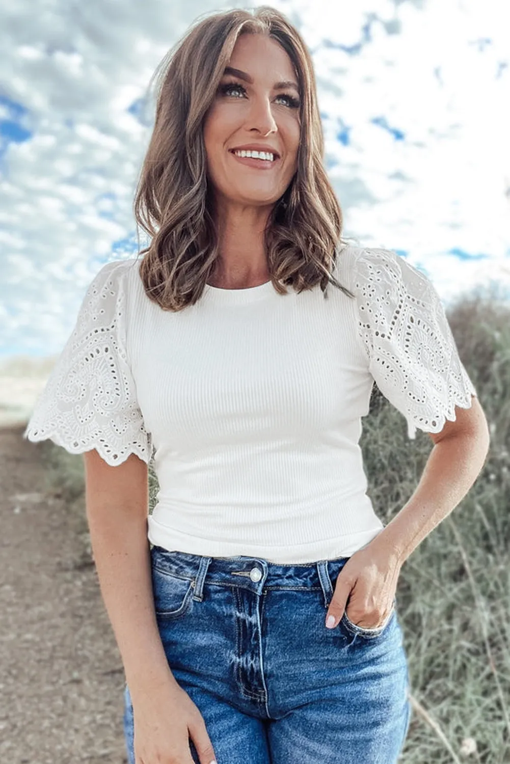 White Eyelet Pattern Short Sleeve Patchwork Ribbed Top sold by Beagle Boutique product image thumbnail 5