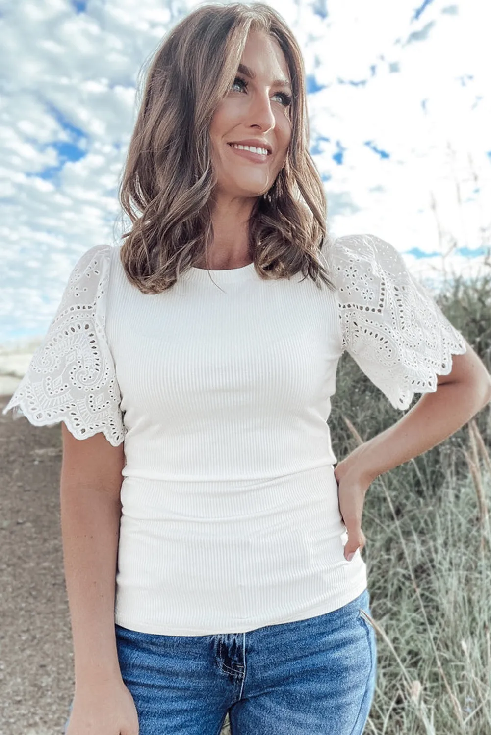 White Eyelet Pattern Short Sleeve Patchwork Ribbed Top sold by Beagle Boutique product image thumbnail 4