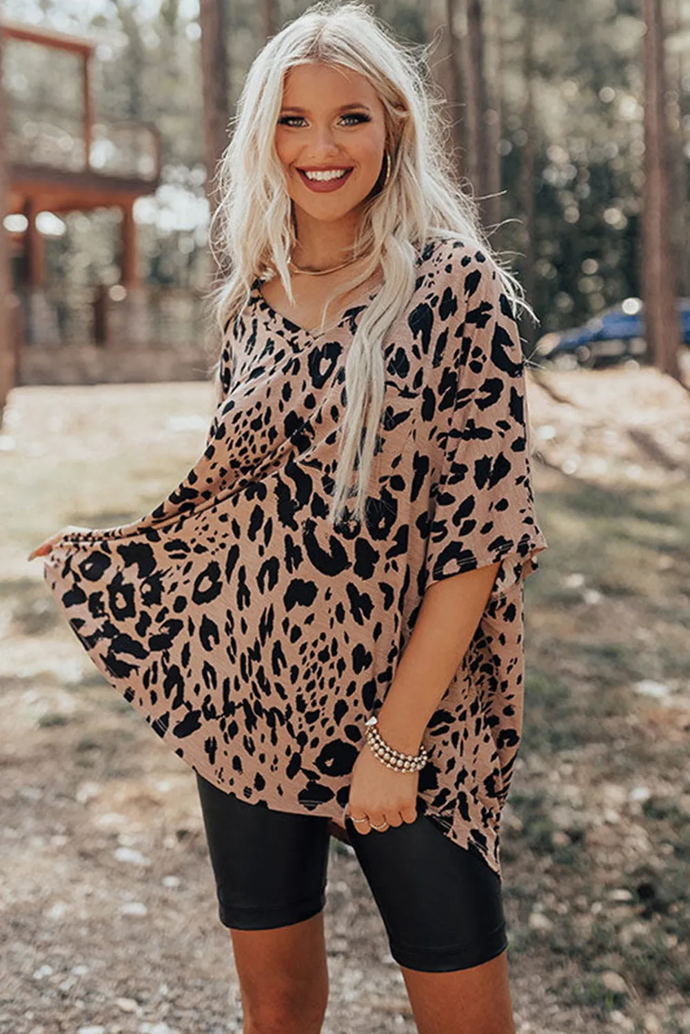 Brown Leopard Print V Neck Half Sleeve Oversized Tee sold by Beagle Boutique product image thumbnail 3